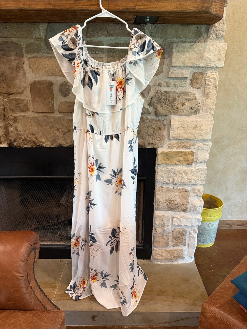 Floral Off-Shoulder Maxi Dress in White with Navy and Yellow Accents